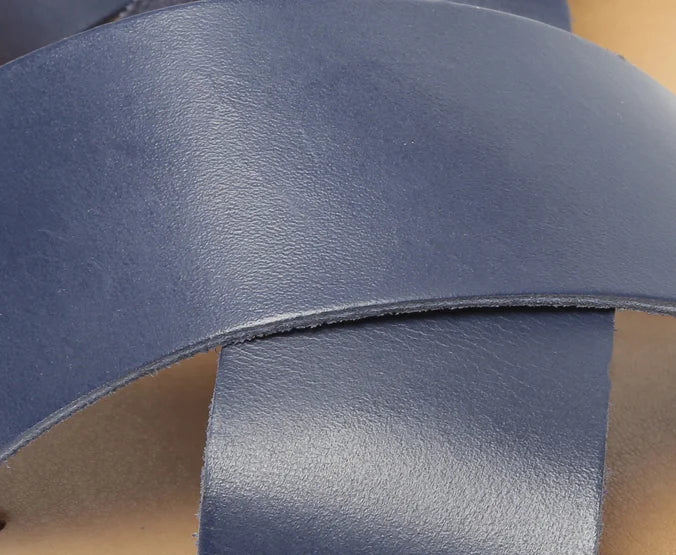 Navy Blue Mono Leather Cross Straps Flats