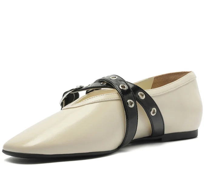 Megan Beige Double Strap Flat with Buckles