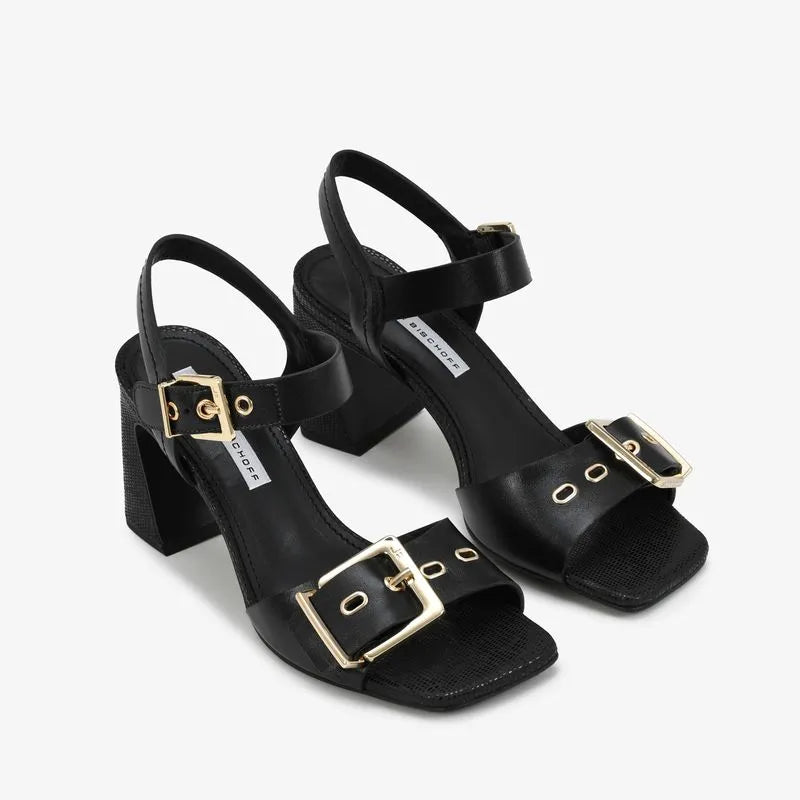 Black High Heel Leather Sandal