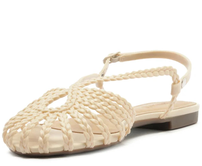 Flat sandal with braided straps, white teardrop shape.