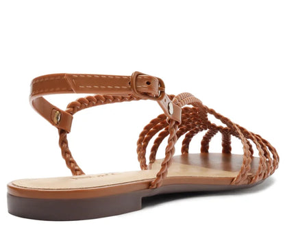 Flat sandal with braided straps, teardrop shape, brown.