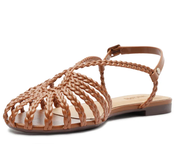 Flat sandal with braided straps, teardrop shape, brown.