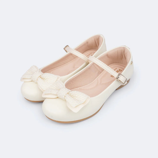 Pampili Angel Girls' Shoes with Bow and Pearls Off White