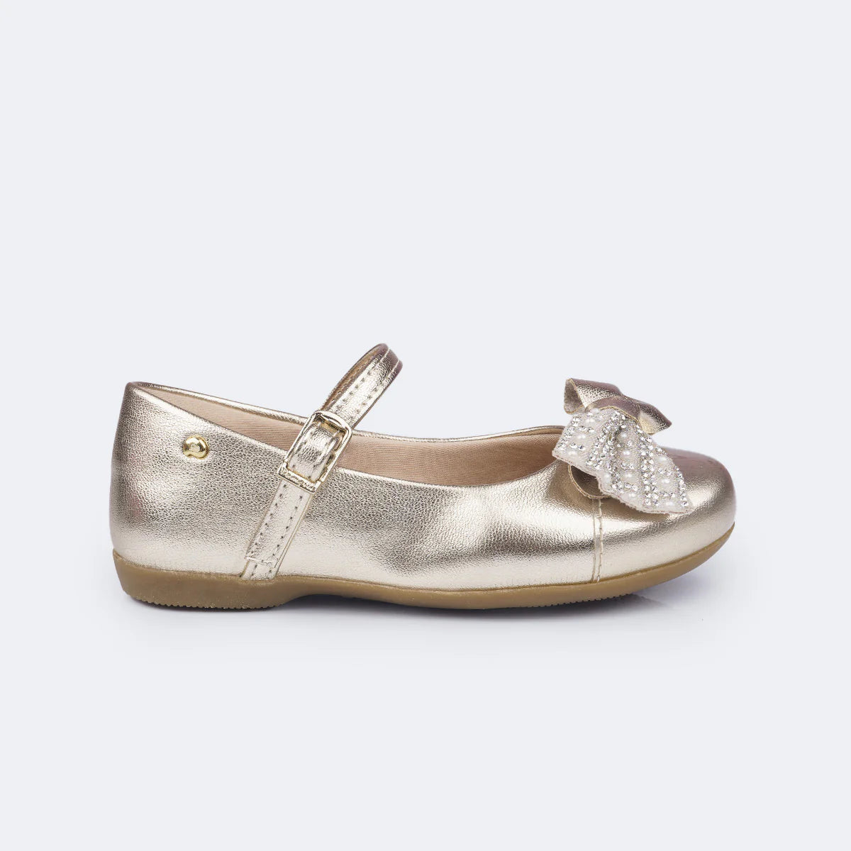Pampili Children's Ballerina Shoes with Bow, Rhinestones and Golden Pearls
