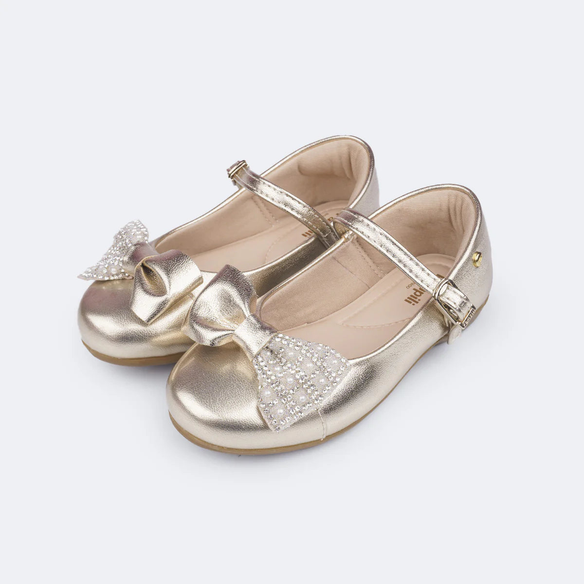 Pampili Children's Ballerina Shoes with Bow, Rhinestones and Golden Pearls