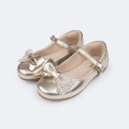 Pampili Children's Ballerina Shoes with Bow, Rhinestones and Golden Pearls