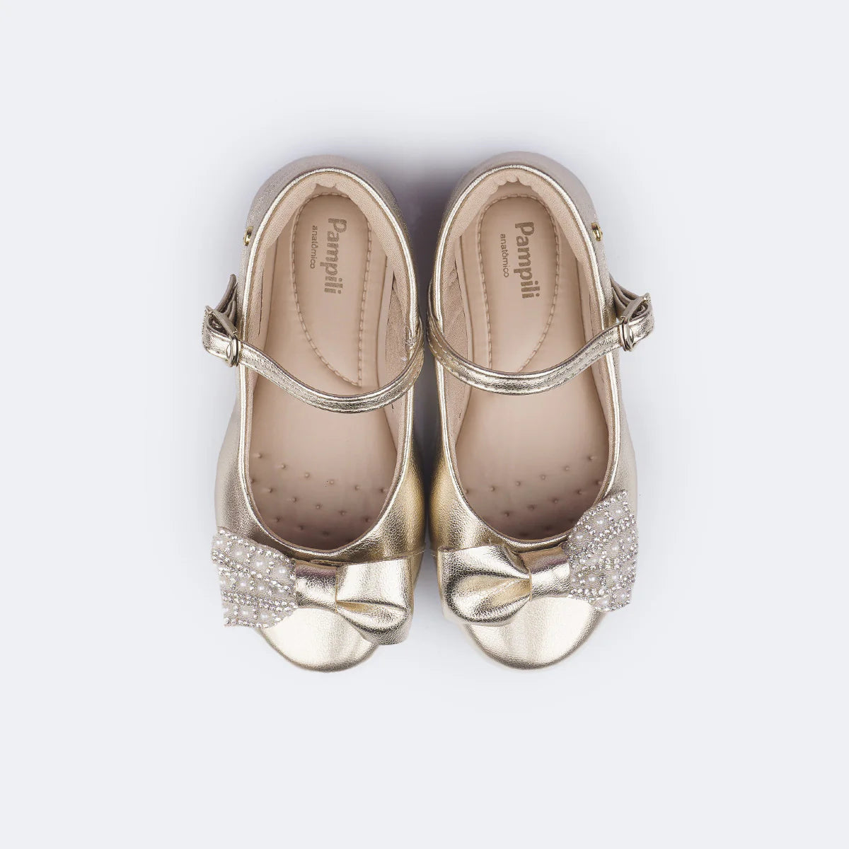 Pampili Children's Ballerina Shoes with Bow, Rhinestones and Golden Pearls