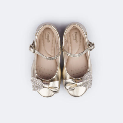 Pampili Children's Ballerina Shoes with Bow, Rhinestones and Golden Pearls
