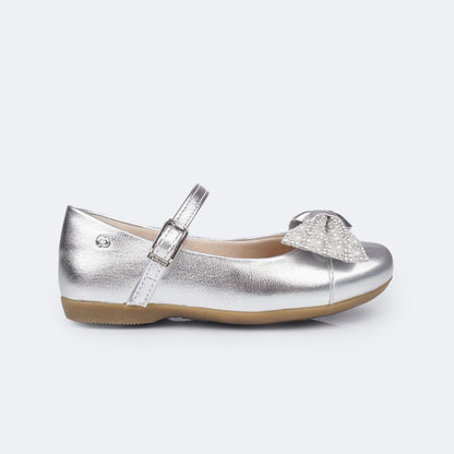 Pampili Children's Ballerina Shoes with Bow, Rhinestones and Pearls, Silver