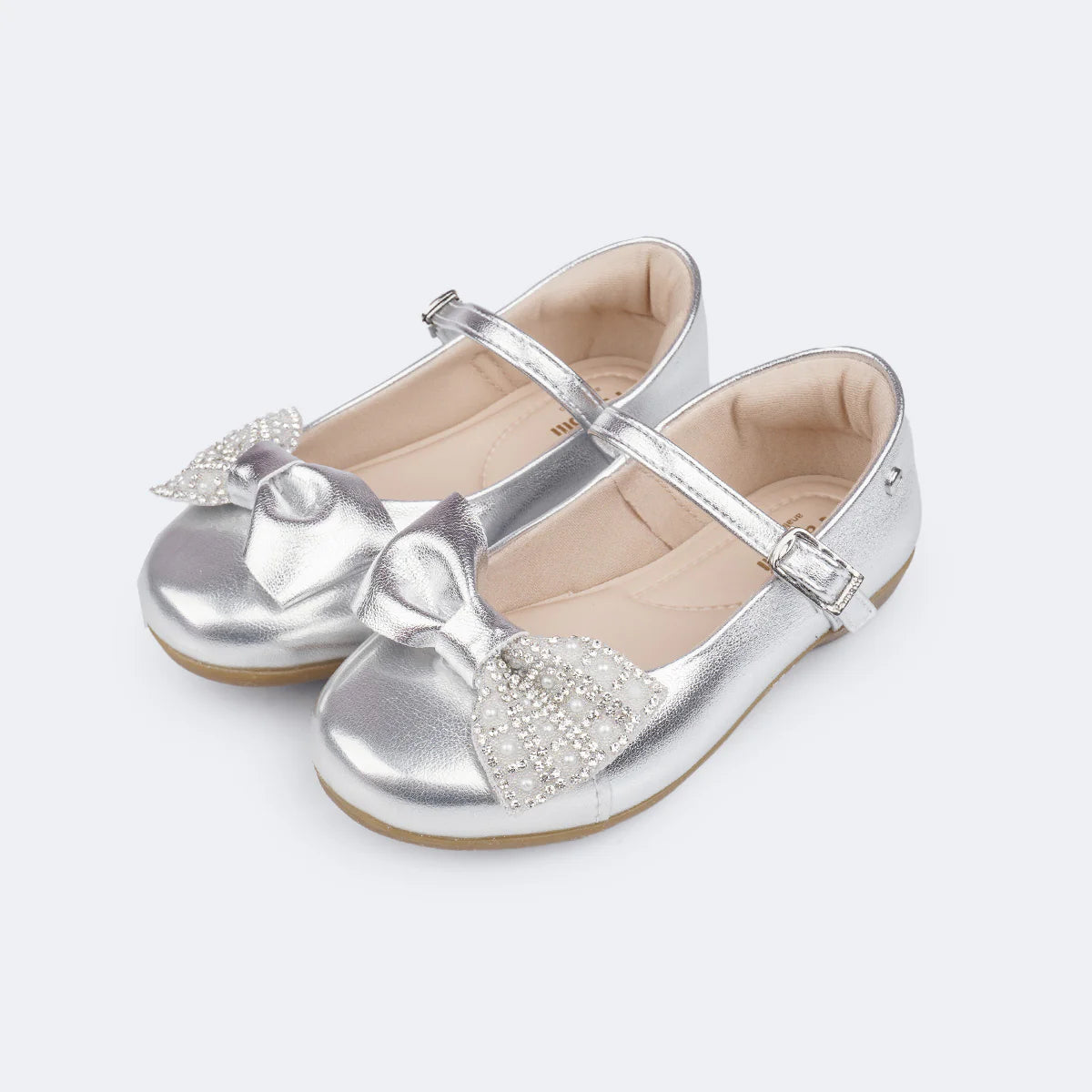 Pampili Children's Ballerina Shoes with Bow, Rhinestones and Pearls, Silver