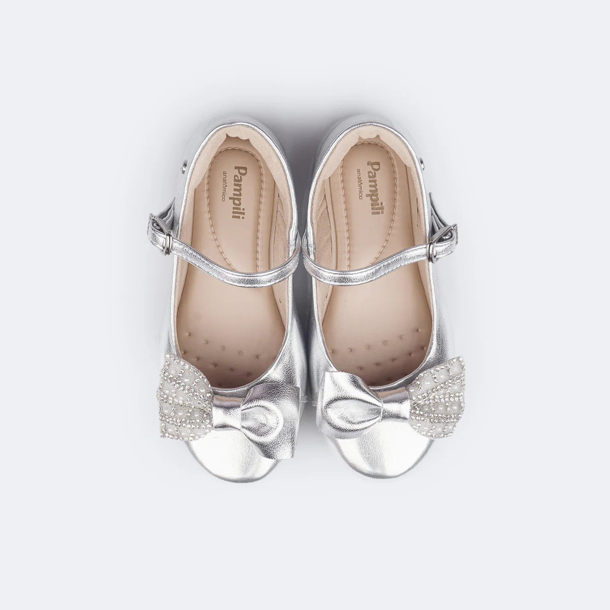 Pampili Children's Ballerina Shoes with Bow, Rhinestones and Pearls, Silver