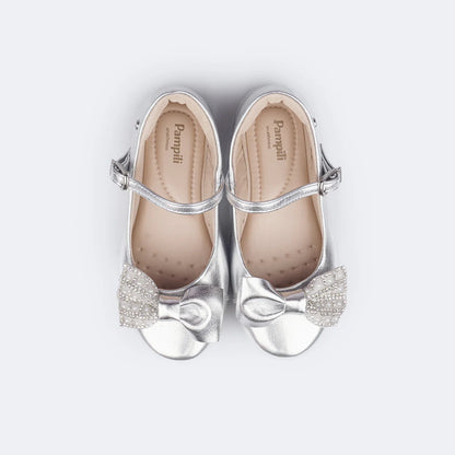 Pampili Children's Ballerina Shoes with Bow, Rhinestones and Pearls, Silver
