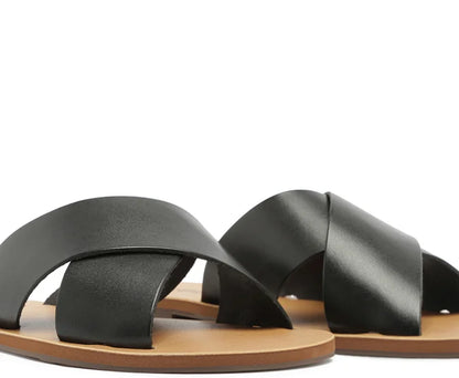 Black Leather Cross Straps Flats