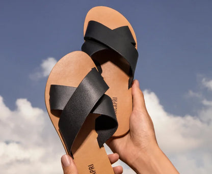 Black Leather Cross Straps Flats