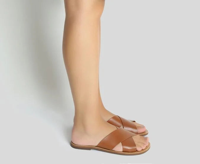 Brown Leather Cross Straps Flats