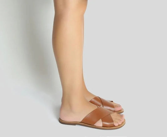 Brown Leather Cross Straps Flats