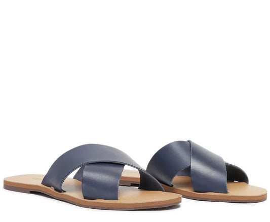 Navy Blue Mono Leather Cross Straps Flats