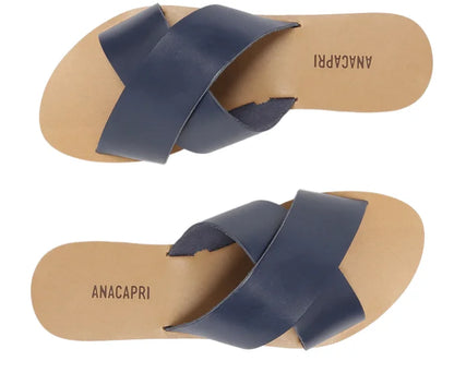 Navy Blue Mono Leather Cross Straps Flats