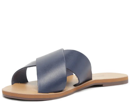Navy Blue Mono Leather Cross Straps Flats