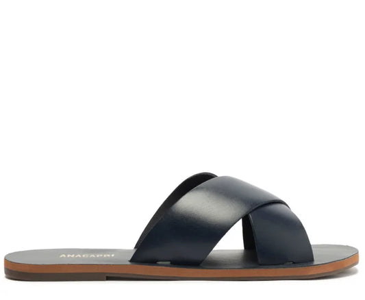 Navy Blue Mono Leather Cross Straps Flats