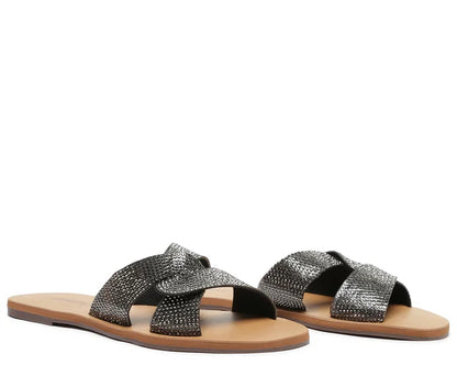 Black Glitter Interlaced Strap Flat Sandal