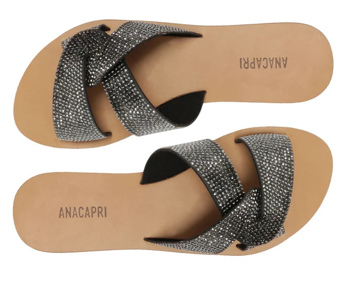 Black Glitter Interlaced Strap Flat Sandal