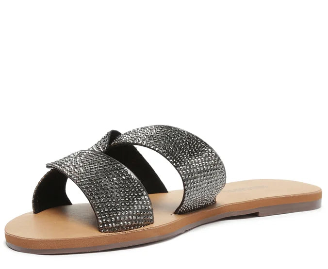 Black Glitter Interlaced Strap Flat Sandal