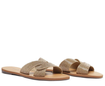 Gold Glitter Interlaced Strap Flat Sandal