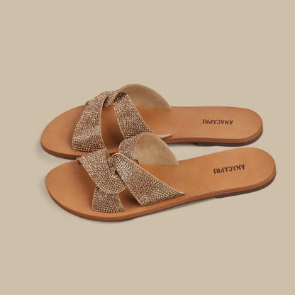 Gold Glitter Interlaced Strap Flat Sandal