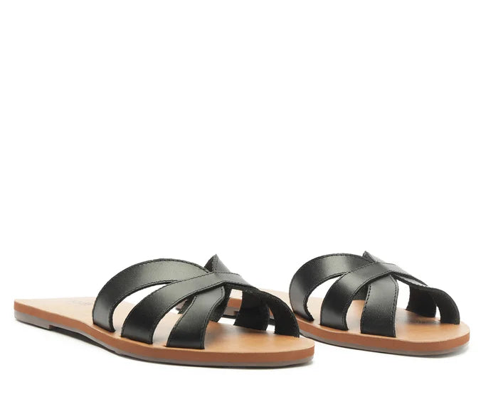 Black Leather Flat Cutouts Sandals