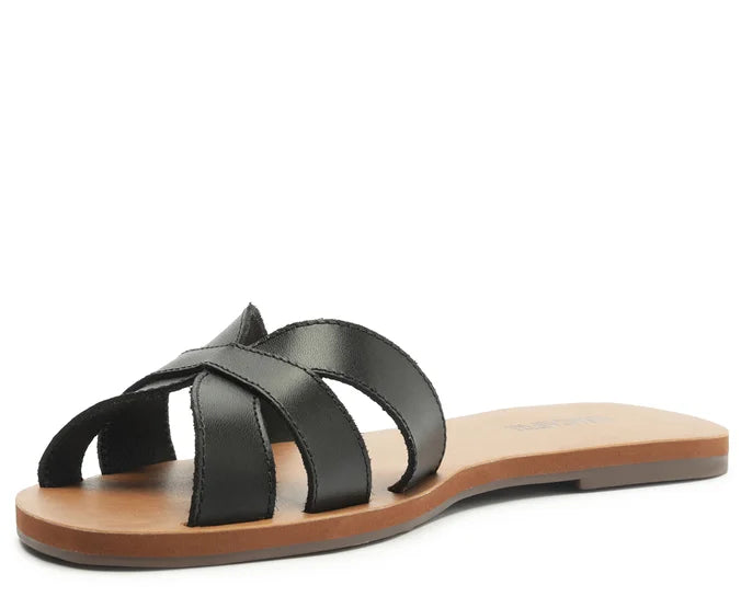 Black Leather Flat Cutouts Sandals