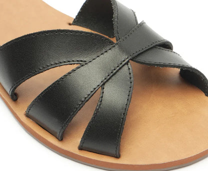 Black Leather Flat Cutouts Sandals