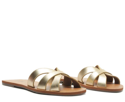 Flat Sandals with Cutouts in Gold Leather