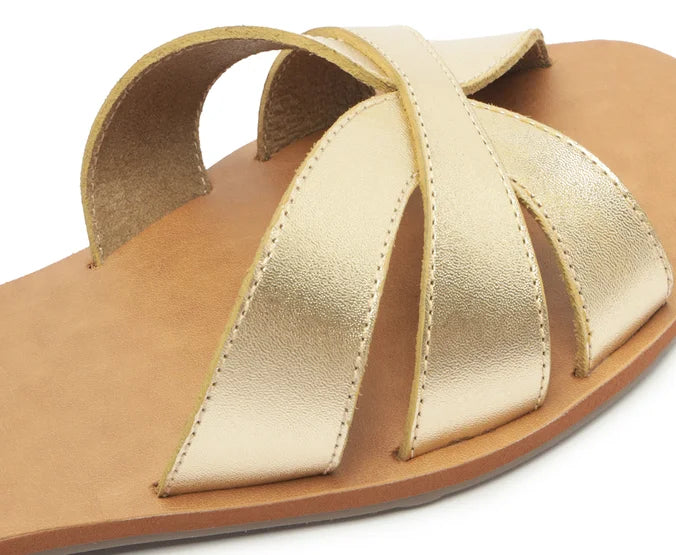 Flat Sandals with Cutouts in Gold Leather