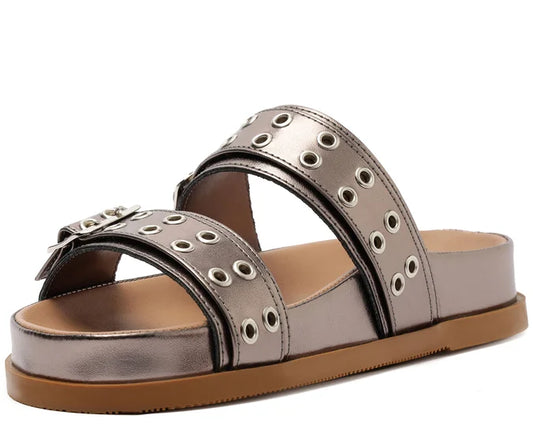 Double Strap Sandal with Grey Buckles