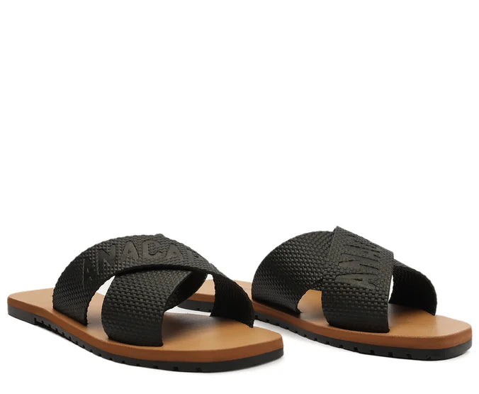 Black Injected Cross Straps Flats