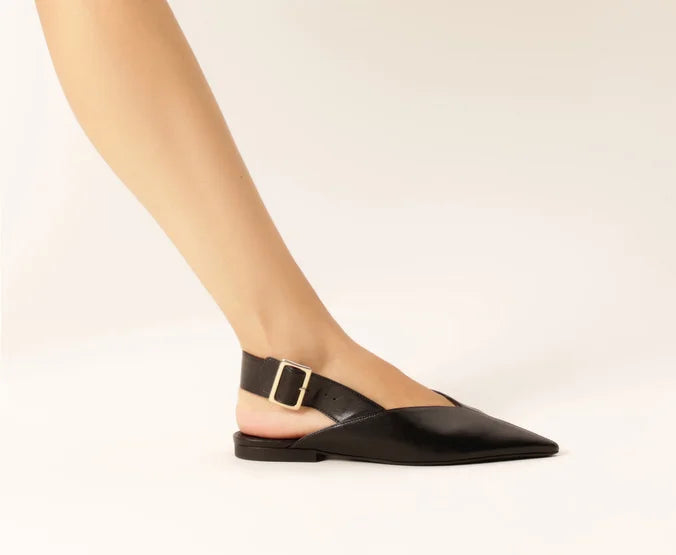 Black Pointed Toe Slingback Pumps with Buckle