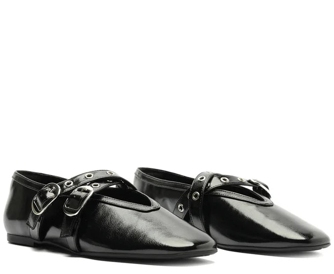Megan Black Double Strap Buckle Flats