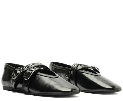Megan Black Double Strap Buckle Flats