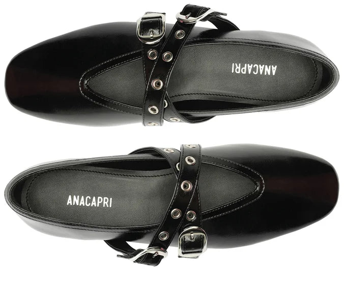 Megan Black Double Strap Buckle Flats