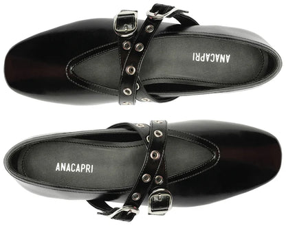 Megan Black Double Strap Buckle Flats