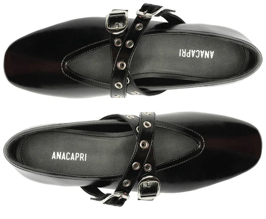 Megan Black Double Strap Buckle Flats