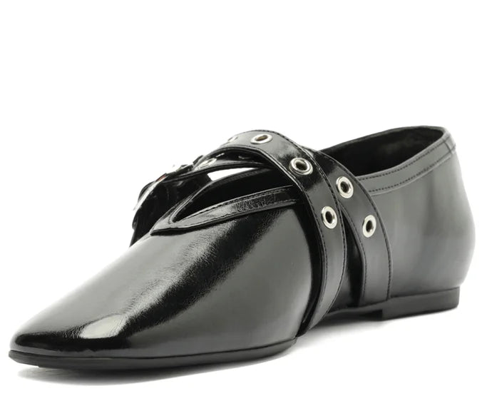 Megan Black Double Strap Buckle Flats