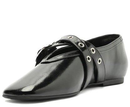 Megan Black Double Strap Buckle Flats
