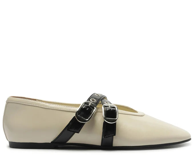 Megan Beige Double Strap Flat  with Buckles