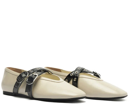 Megan Beige Double Strap Flat  with Buckles