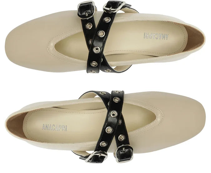 Megan Beige Double Strap Flat  with Buckles