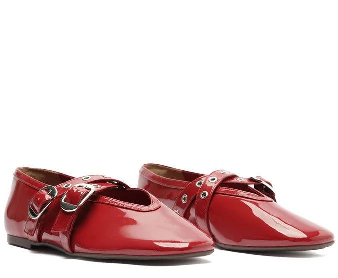 Megan red Double Strap Buckle Flats