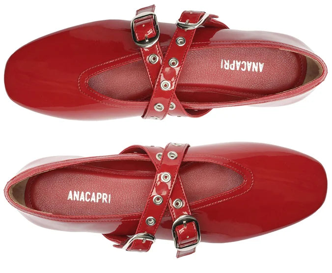 Megan red Double Strap Buckle Flats