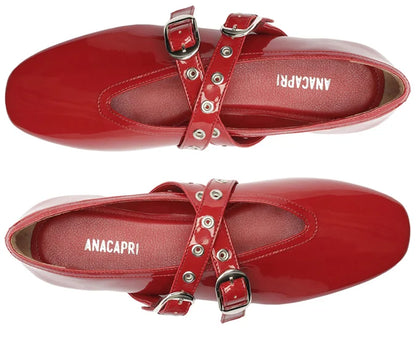 Megan red Double Strap Buckle Flats